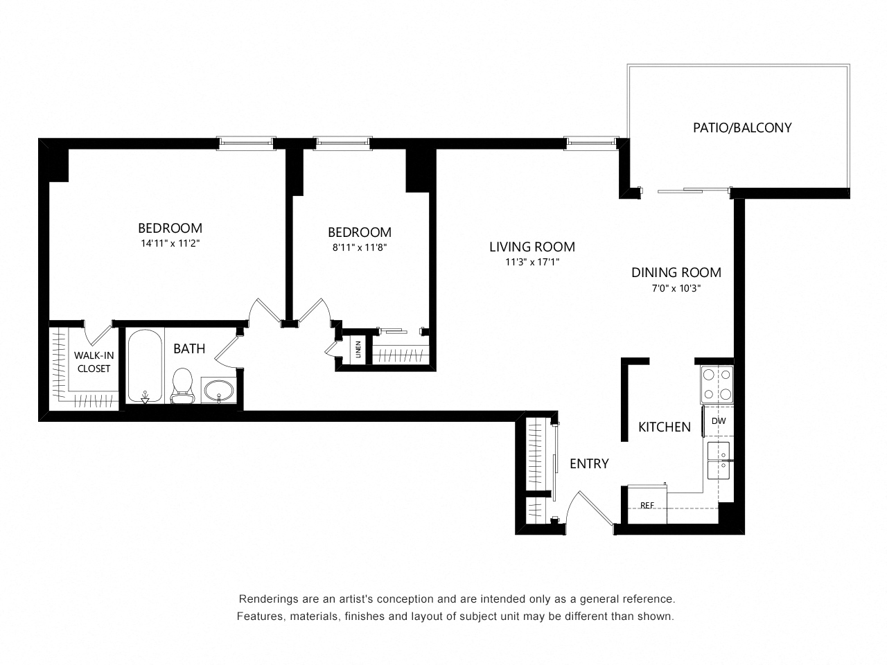 Floor plan for 2 beds, 1 bath, 901 sqft
